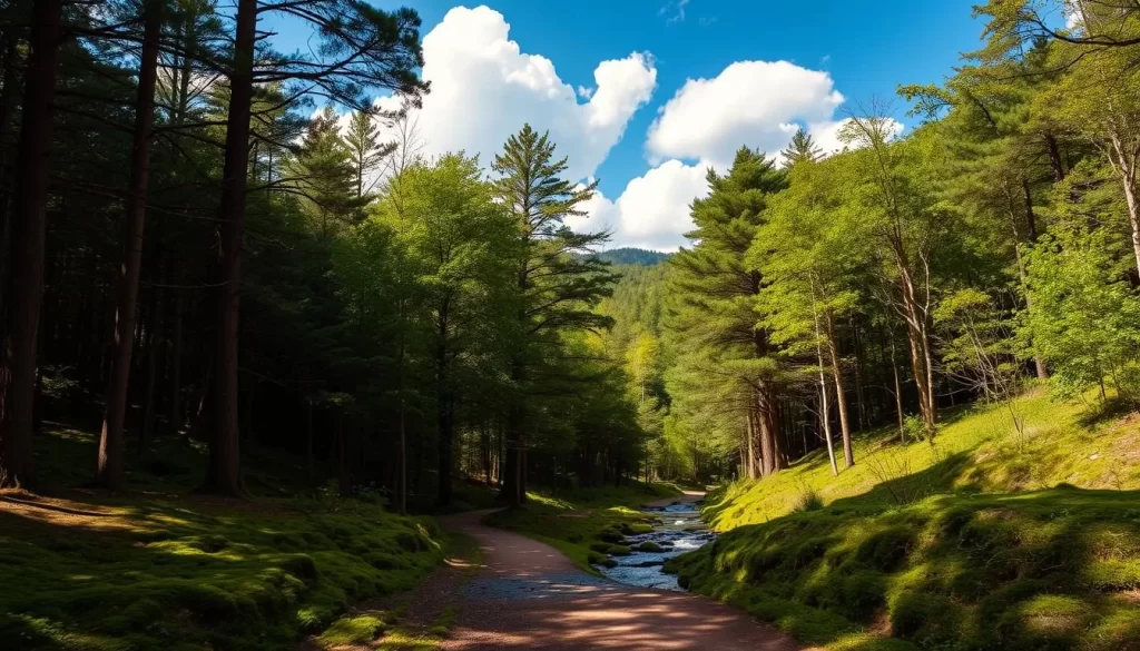 A tranquil state forest in the heart of the Appalachian mountains, with towering deciduous trees lining a winding dirt path. Dappled sunlight filters through the verdant canopy, casting a warm glow on the mossy undergrowth. In the distance, a small stream babbles peacefully, its gentle melody adding to the serene ambiance. Fluffy cumulus clouds dot the azure sky, hinting at a perfect day for outdoor exploration. The composition showcases the natural beauty and solitude of this tucked-away wilderness, inviting the viewer to immerse themselves in the restorative power of the great outdoors.