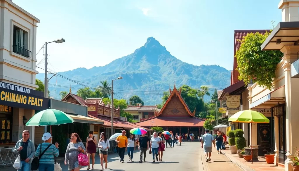 A tranquil streetscape in Chiang Mai, Thailand, on a sunny day. In the foreground, a group of locals stroll leisurely, some carrying colorful umbrellas and shopping bags. The middle ground features quaint shops and cafes with traditional Thai architecture, their facades adorned with vibrant murals and hanging plants. In the background, the majestic Doi Suthep mountain range rises, its peaks capped with lush greenery. Warm, diffused lighting illuminates the scene, casting soft shadows and creating a welcoming, relaxed atmosphere. Capture the essence of Chiang Mai's charming urban fabric and the local's easygoing pace of life.