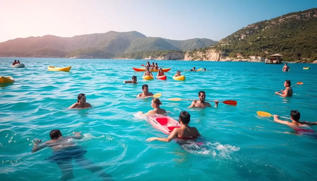 A tranquil summer day on Cleopatra Island, Turkey. In the turquoise waters, people engage in various water activities - swimming, snorkeling, and paddling colorful kayaks. The foreground features a group of friends enjoying the cool, refreshing waves, while in the middle ground, a family relaxes on a small beach, taking in the scenic views. The background showcases the lush, verdant hills and cliffs surrounding the island, creating a picturesque and serene atmosphere. The lighting is soft and warm, with the sun gently reflecting off the undulating surface of the sea. The overall mood is one of leisure, relaxation, and appreciation for the natural beauty of this idyllic island destination.