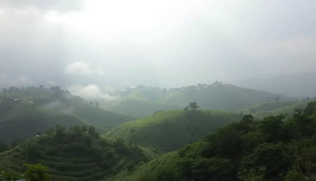 A tranquil summer scene in North Gyeongsang Province, South Korea. Lush green hills and valleys under a soft, overcast sky. Gentle rain showers cast a serene, atmospheric haze over the landscape. Wisps of mist cling to the slopes, creating a dreamlike, impressionistic quality. Sunlight filters through the clouds, illuminating the verdant foliage and creating dappled patterns on the ground. In the distance, a traditional Korean hanok village nestled among the rolling hills, its tiled rooftops and whitewashed walls blending seamlessly with the natural surroundings. The overall mood is one of peaceful contemplation, a respite from the heat and humidity of the summer monsoon season.