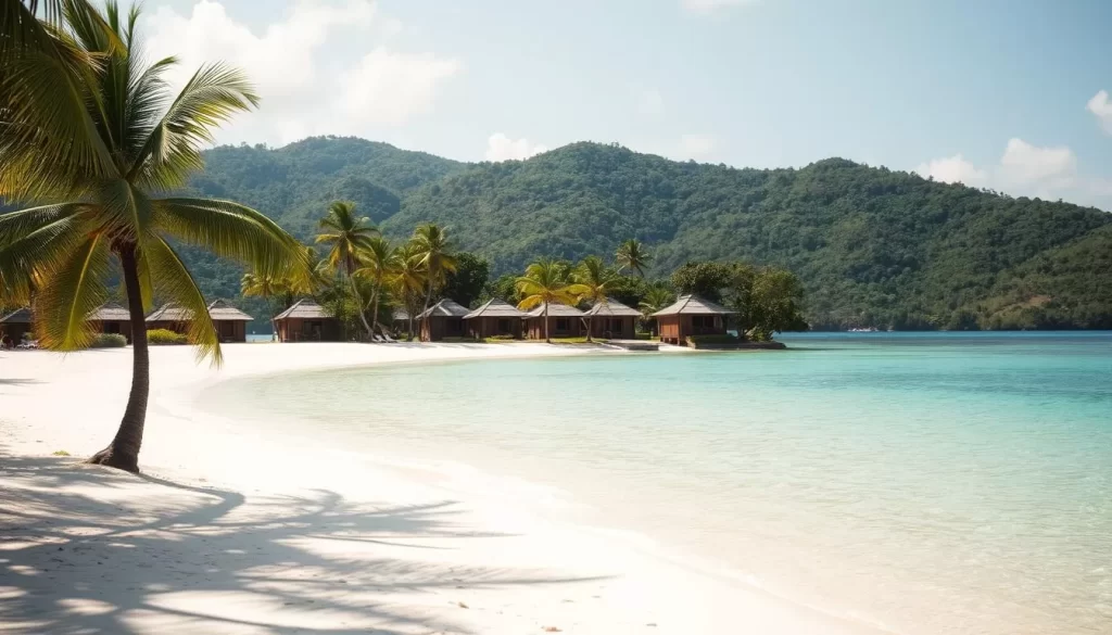 A tranquil, sun-dappled island paradise, Selingan Turtle Island emerges from the crystalline waters of the Sulu Sea. In the foreground, a pristine sandy beach stretches languidly, dotted with lush palm trees swaying gently in the coastal breeze. The middle ground reveals a cluster of rustic wooden chalets, their traditional architecture blending seamlessly with the natural surroundings. In the background, rolling hills are cloaked in a vibrant tapestry of verdant foliage, with the distant outline of the open ocean shimmering on the horizon. A sense of peaceful solitude pervades the scene, inviting the viewer to imagine the tranquil experiences that await on this enchanting island retreat.