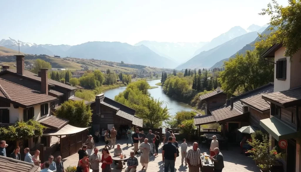 A tranquil, sun-dappled scene in a picturesque language region, where diverse tongues intertwine like a vibrant tapestry. In the foreground, a quaint village square bustles with locals engaged in lively conversations, their gestures and expressions conveying the richness of their linguistic heritage. The middle ground reveals a winding river, its banks lined with lush, verdant foliage that sways gently in the warm breeze. In the background, majestic mountains rise, their snow-capped peaks a testament to the region's rugged and captivating geography. The overall mood is one of harmony and cultural exchange, where the challenges of linguistic diversity are overshadowed by the beauty and charm of this remarkable place.
