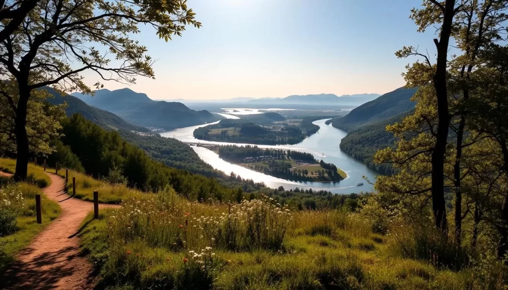 A tranquil, sun-dappled vista of the majestic Rhine Valley, captured from a winding hiking trail. Rolling hills and lush forests frame the meandering river as it flows serenely through the picturesque German countryside. In the foreground, a path winds through wildflower-dotted meadows, inviting the viewer to explore. Warm, golden light filters through the canopy of trees, casting a soft glow over the scene. In the middle ground, the Rhine's sparkling waters reflect the surrounding landscape, while in the distance, the hazy silhouettes of distant mountains rise up against a clear, azure sky. This serene, nature-filled vista evokes a sense of peaceful adventure, perfect for those seeking outdoor activities near the charming town of Mauren.