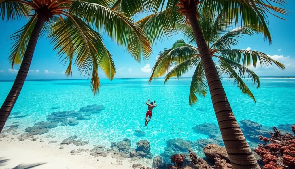 A tranquil tropical paradise, azure waters lapping against pristine white sands. Tall swaying palms cast gentle shadows, their fronds dancing in the warm ocean breeze. In the foreground, a lone figure dives effortlessly into the crystalline depths, their silhouette suspended in a moment of serene weightlessness. Vibrant coral reefs and schools of colorful fish shimmer in the dappled sunlight that filters through the water's surface. The scene exudes a sense of timeless, unhurried bliss - a true oasis of relaxation.