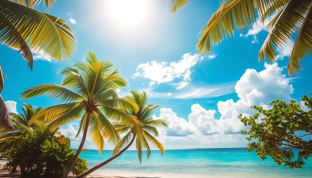 A tranquil tropical paradise with lush palm trees swaying gently in the warm breeze, as sunlight glimmers on the turquoise waters of Koh Yao Noi's pristine beaches. Fluffy white clouds drift across a vibrant azure sky, creating ever-changing patterns of light and shadow. The scene exudes a serene, idyllic atmosphere, perfectly capturing the best time to visit this picturesque Thai island - when the weather is balmy, the ocean is inviting, and the island's natural beauty is on full display.