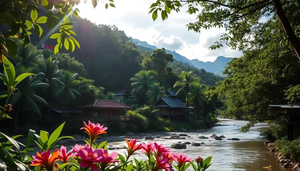 A tranquil tropical scene in Malaysia, with lush verdant foliage and a gently flowing river. Sunlight filters through the canopy, casting a warm glow over the serene landscape. In the foreground, vibrant local flora blooms, hinting at the diverse ecosystem. The middle ground showcases traditional wooden houses nestled among the trees, blending harmoniously with the natural surroundings. In the distance, majestic mountains rise, their peaks shrouded in wispy clouds. An atmosphere of peaceful tranquility and inviting exploration pervades the idyllic setting, capturing the essence of the best time to visit Malaysia.