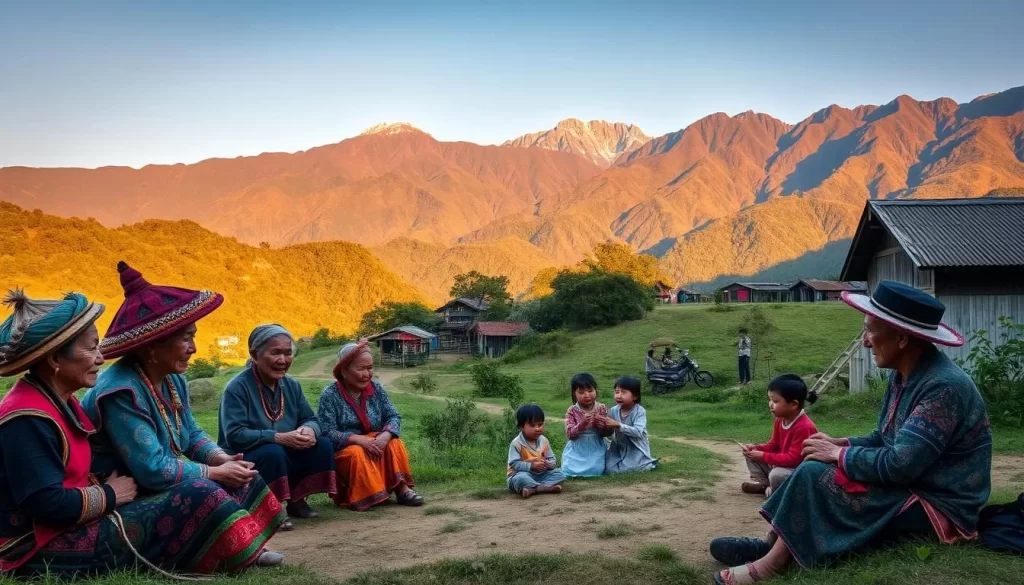 A tranquil village nestled in the lush hills of Jinzun, Taiwan. In the foreground, indigenous elders gather, sharing stories and traditions passed down through generations. Their vibrant garments and intricate jewelry reflect the rich cultural heritage. In the middle ground, a group of children play traditional games, their laughter echoing through the serene landscape. Towering mountains in the background, their peaks kissed by the warm afternoon sunlight, create a picturesque backdrop. The scene radiates a sense of timelessness, where the past and present coexist in perfect harmony.