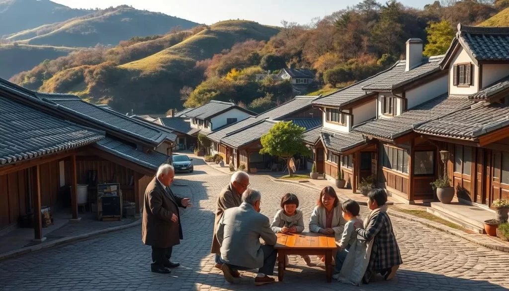 A tranquil village nestled in the lush, rolling hills of North Jeolla Province, South Korea. Quaint traditional hanok houses line the winding cobblestone streets, their tiled roofs and natural wood facades reflecting the warm sunlight. In the town square, elderly locals converse animatedly in the unique, melodic North Jeolla dialect, their hands gesturing expressively. A group of children play a traditional game, their laughter echoing through the peaceful atmosphere. The scene captures the deep cultural significance of this regional language, woven into the daily life and traditions of the community.