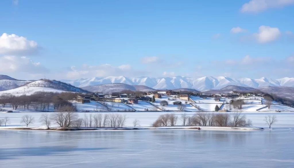 A tranquil winter landscape in Gyeonggi Province, South Korea. In the foreground, a frozen lake reflects the clear sky above, its surface dotted with ice fishermen. Surrounding the lake, a gently rolling terrain is blanketed in a pristine layer of snow, with clusters of bare trees casting delicate shadows. In the middle ground, traditional Korean hanok houses nestle among the hills, their tiled roofs dusted with a light powdering of snow. The background features a range of snow-capped mountains, their peaks piercing the crisp, azure horizon. Soft, diffused natural lighting filters through scattered clouds, creating a serene, peaceful atmosphere. Capture the essence of a picturesque winter day in this captivating region.