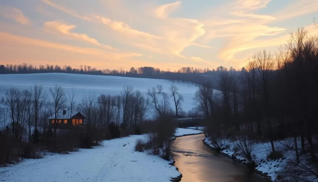 A tranquil winter scene in Alabama, with a light dusting of snow blanketing the rolling hills. In the foreground, a peaceful creek winds its way through the landscape, its banks lined with leafless trees casting long shadows. The middle ground features a cozy cabin nestled among the trees, its warm yellow lights glowing through the windows, inviting visitors to come inside and escape the chill. In the distance, the sky is a soft, hazy blue, with wispy clouds drifting overhead, illuminated by the gentle rays of the afternoon sun. The overall mood is one of serene solitude, capturing the beauty and charm of an Alabama winter day.