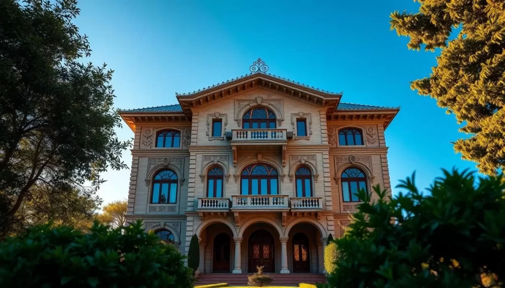 A two-story Ottoman-style mansion with intricate architectural details, set against a clear blue sky. The Cahit Sıtkı Tarancı House Museum's meticulously restored facade features ornate stone carvings, arched windows, and a prominent central balcony. The sun casts warm, diffused lighting across the scene, highlighting the building's rich textures and colors. The foreground is framed by lush greenery, while the middle ground showcases the well-manicured courtyard and surrounding landscape. The atmosphere evokes a sense of tranquility and cultural heritage, inviting the viewer to explore this important museum dedicated to the life and work of the renowned Turkish poet.