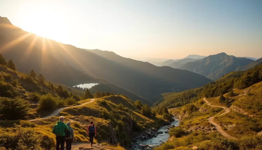 A vast and breathtaking landscape of Sobaeksan National Park in North Gyeongsang Province, South Korea. Towering mountains capped with lush, verdant forests and dotted with pristine alpine lakes. The warm sun casts a golden glow, highlighting the rugged beauty of the terrain. In the foreground, a crystal-clear stream winds through the valley, its gentle waters reflecting the surrounding scenery. Hikers explore the well-maintained trails, taking in the serene tranquility and awe-inspiring natural wonders of this untamed wilderness. Capture the essence of this outdoor paradise, a true gem for nature lovers in South Korea.