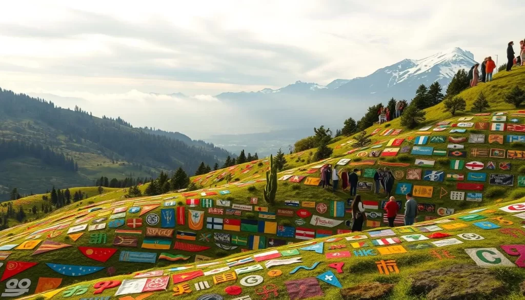 A vast and diverse language landscape unfolds, a tapestry of cultures woven into the verdant hills and valleys of Oregon. In the foreground, a mosaic of vibrant symbols and scripts dance across the terrain, representing the rich linguistic heritage brought by generations of immigrants. The middle ground depicts people of different backgrounds conversing animatedly, their voices mingling in a symphony of dialects. In the distance, majestic mountains rise, their peaks capped with a dusting of snow, symbolic of the enduring strength and resilience of the state's linguistic diversity. Soft, diffused lighting filters through wispy clouds, casting a warm, welcoming glow over the scene. The overall mood is one of cultural celebration and harmonious coexistence, a true "language landscape" that reflects the evolving identity of Oregon.