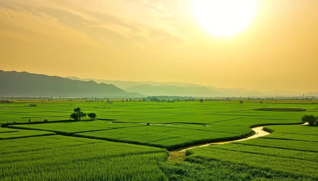 A vast expanse of lush, verdant fields under a warm, golden sky, dotted with swaying crops and meandering streams. In the distance, towering mountains rise, their peaks kissed by wispy clouds. Farmers tending to their land, basking in the gentle breeze and the embrace of the sun's soft, diffused rays. The scene radiates an air of tranquility and abundance, capturing the essence of Punjab's temperate climate and its rich agricultural heritage.