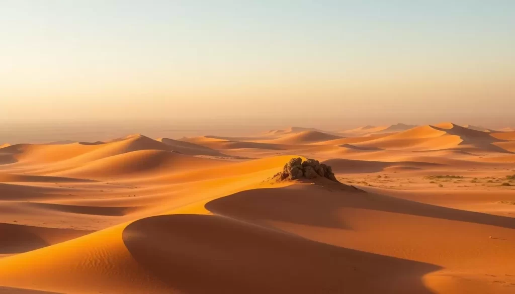 A vast expanse of ochre-hued dunes, sculpted by the desert winds, stretches out before the viewer. In the middle ground, rocky outcroppings and sparse vegetation dotting the landscape, casting long shadows under the warm, golden light of the Mongolian sun. The background is dominated by a hazy, distant horizon, where the boundless sky seamlessly meets the earth. A sense of tranquility and isolation pervades the scene, evoking the timeless beauty and solitude of the Gobi Desert.