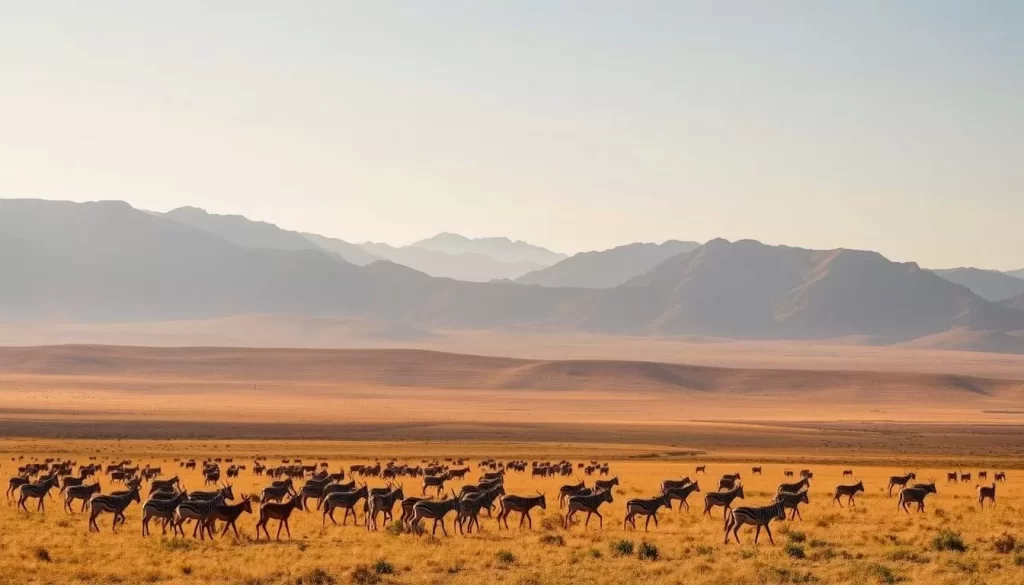 A vast expanse of rolling hills and grasslands, the Laikipia Plateau stretches out beneath a bright, cloudless sky. In the distance, majestic mountain peaks rise up, their rugged slopes casting dramatic shadows across the land. Herds of grazing wildlife, including gazelles and zebras, dot the foreground, their movements fluid and graceful. The warm, golden light of the sun bathes the scene, creating a sense of tranquility and timelessness. The image is captured through a wide-angle lens, allowing the viewer to fully immerse themselves in the grandeur of this Kenyan safari gem.