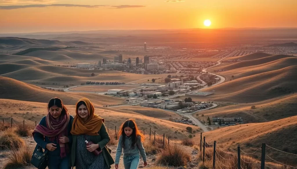 A vast expanse of rolling hills and winding roads, where diverse cultures converge to form the tapestry of Kansas. In the foreground, a family of immigrants strolls, their vibrant garments and expressions capturing the spirit of their journey. In the middle ground, a bustling urban landscape emerges, its towering skyscrapers and bustling streets a testament to the state's ever-evolving demographics. The background is a panoramic vista of a golden sunset, casting a warm glow over the scene, symbolizing the warmth and acceptance that has welcomed generations of newcomers to this heartland. The lighting is soft and natural, the lens capturing the scene with a gentle, cinematic quality, inviting the viewer to immerse themselves in the dynamic history and linguistic diversity of Kansas.