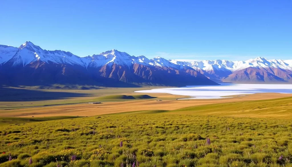 A vast expanse of rugged, snow-capped mountains, their peaks piercing the azure sky. Below, a rolling carpet of verdant meadows, dotted with vibrant wildflowers. In the distance, a frozen lake reflects the warm, golden light of the sun, casting a shimmering glow across the landscape. The air is crisp and dry, a testament to Mongolia's extreme continental climate, where temperatures can plummet to bone-chilling lows in winter and soar to scorching heights in summer. This scene captures the essence of Mongolia's dramatic and ever-changing weather, a testament to the resilience of its people and the stunning natural beauty that defines this land.