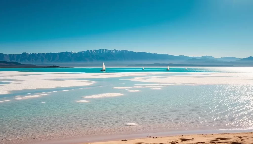 A vast expanse of shimmering turquoise waters, dotted with salt-encrusted shores and surrounded by majestic mountains under a cloudless azure sky. The sun casts a warm glow, creating a picturesque scene of serene tranquility. In the foreground, a sandy beach leads into the shallow, shimmering waters, inviting visitors to explore the unique ecosystem. In the middle ground, small sailboats and kayaks dot the surface, gliding across the placid lake. The background features the towering Wasatch Range, their snow-capped peaks creating a stunning backdrop to the serene landscape. Capture the essence of this natural wonder, showcasing the breathtaking beauty and peaceful atmosphere of the Great Salt Lake.
