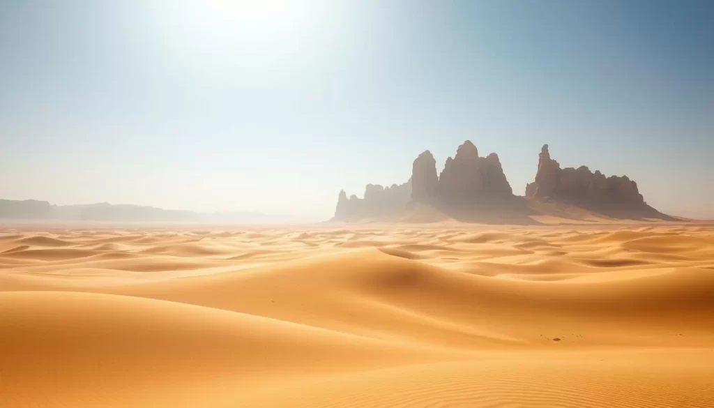 A vast expanse of sun-kissed sand dunes stretches out before the viewer, their undulating curves sculpted by the relentless desert wind. In the distance, towering rock formations rise like ancient sentinels, their weathered surfaces casting long shadows across the golden landscape. The sky above is a brilliant, cloudless blue, with a warm, hazy light filtering through the arid air. The scene conveys a sense of solitude and serenity, inviting the viewer to immerse themselves in the timeless, remote beauty of Turkmenistan's desert wilderness.