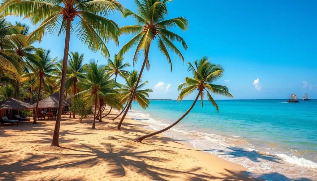 A vast expanse of turquoise waters laps against the golden sands of Mombasa's picturesque coastline. Majestic palm trees sway gently in the warm, tropical breeze, casting gentle shadows over the tranquil scene. In the distance, traditional dhow boats dot the horizon, their sails billowing as they glide across the calm waters. The sun's rays bathe the scene in a warm, inviting glow, highlighting the vibrant colors of the Kenyan coastal landscape. The air is filled with the salty tang of the ocean and the lively chatter of beachgoers enjoying the idyllic setting. An aura of relaxation and exploration permeates the atmosphere, inviting visitors to immerse themselves in the beauty and charm of this coastal gem.