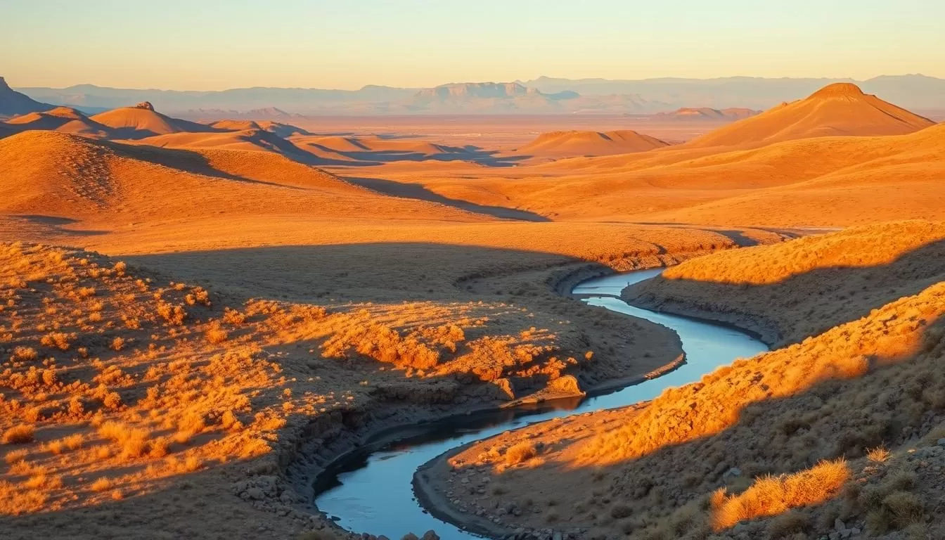 A vast, expansive landscape of the Karoo National Park in South Africa. Rolling hills and rugged mountains dominate the middle ground, their slopes covered in a tapestry of golden grasses and scattered shrubs. In the foreground, a meandering dry riverbed winds through the parched terrain, its rocky banks casting dramatic shadows under the warm, golden light of a clear afternoon sky. In the distant background, hazy blue mountains rise against the horizon, creating a sense of depth and scale. The scene exudes a serene, almost otherworldly atmosphere, capturing the unique beauty and tranquility of this remarkable South African wilderness.