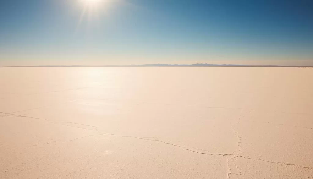 A vast, expansive landscape of white, glistening salt under a clear, cloudless sky. Warm, golden sunlight bathes the Bonneville Salt Flats, casting long shadows across the pristine, flat surface. In the distance, the horizon merges with the sky, creating a seamless, ethereal atmosphere. The air is crisp and dry, with a slight breeze gently rustling the few sparse tufts of vegetation dotting the periphery. This serene, otherworldly scene captures the ideal conditions for exploring the Bonneville Salt Flats, showcasing its stunning natural beauty and the perfect weather for a memorable visit.