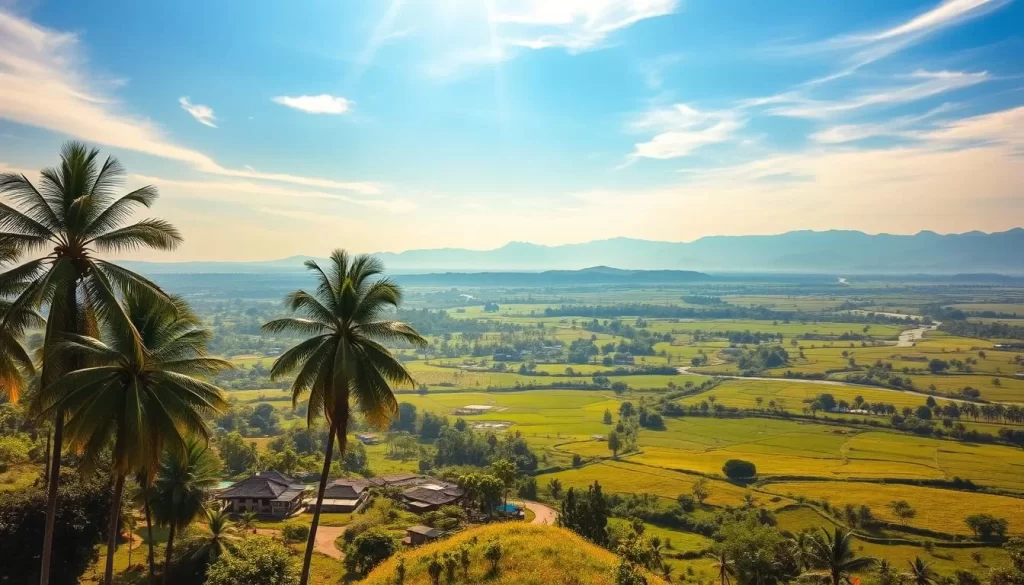 A vast landscape of rolling hills, lush greenery, and winding rivers under a clear, azure sky. Rays of warm sunlight filter through wispy clouds, casting a gentle glow over the scene. In the foreground, a picturesque village nestled among towering palm trees, their fronds swaying in the gentle breeze. Beyond, expansive paddy fields stretch towards the horizon, dotted with the vibrant hues of blooming wildflowers. In the distance, the majestic silhouettes of mountain ranges rise against the horizon, their peaks bathed in the soft light of the day. This serene, pastoral tableau captures the essence of Andhra Pradesh's diverse and ever-changing weather patterns.