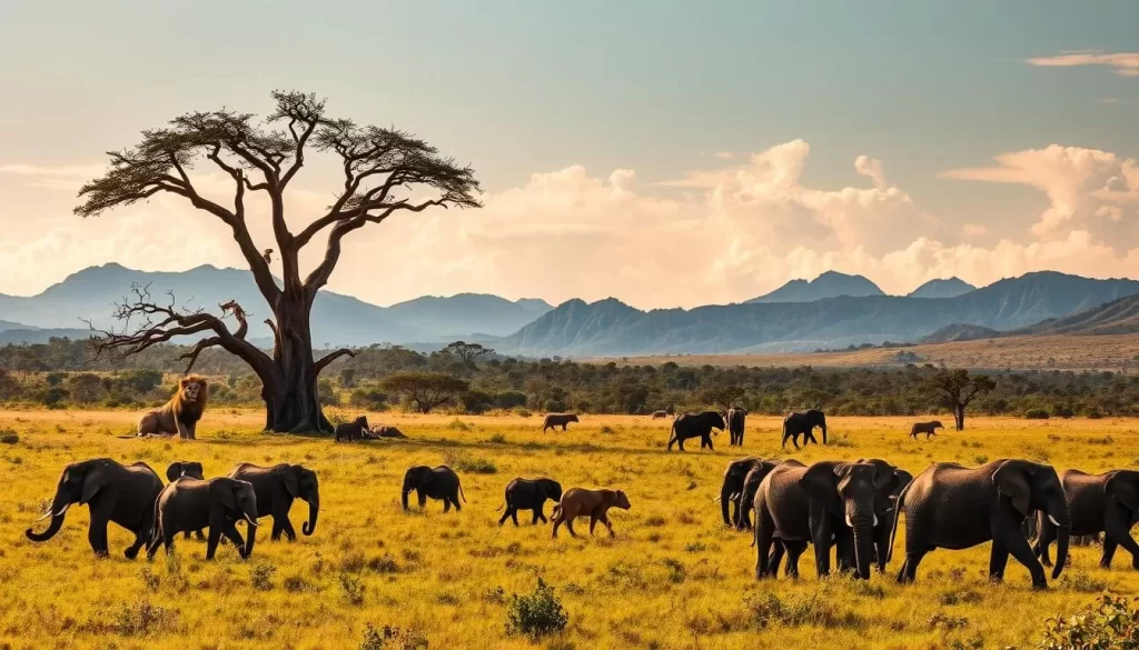 A vast, lush expanse of untamed wilderness, Kruger National Park in South Africa captivates with its diverse array of wildlife and breathtaking landscapes. In the foreground, a herd of majestic elephants roams amidst the verdant savanna, their powerful forms silhouetted against the warm, golden light of the sun. In the middle ground, a pride of lions rests in the shade of a towering baobab tree, their piercing gazes surveying the surrounding terrain. In the background, rugged mountains rise, their peaks capped with wispy clouds, creating a sense of awe and wonder. The scene is infused with a palpable sense of tranquility and harmony, inviting the viewer to immerse themselves in the timeless beauty of this premier safari destination.