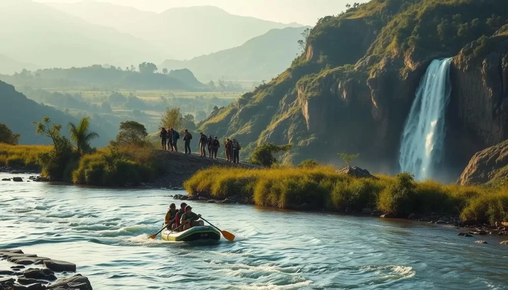 A vast, lush landscape of Laos unfolds before the viewer, featuring a breathtaking array of adventure activities. In the foreground, a group of thrill-seekers whitewater rafts down a winding river, their paddles slicing through the churning rapids. In the middle ground, a team of hikers ascends a winding mountain trail, their packs laden with gear as they take in the sweeping vistas. In the distance, a majestic waterfall cascades over rugged cliffs, its thunderous flow visible even from afar. The scene is bathed in warm, golden light, creating a sense of tranquility and wonder. The overall mood evokes the spirit of exploration and discovery that defines the Laotian landscape.