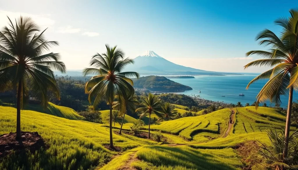 A vast, lush landscape unfolds across Bali's verdant hills, where swaying palm trees sway in the gentle breeze. In the foreground, a winding path leads through a serene rice paddy, its terraced steps reflecting the warm afternoon sunlight. The middle ground reveals a majestic volcano, its snow-capped peak piercing the azure sky. In the distance, the shimmering azure waters of the Bali Sea stretch out to the horizon, dotted with traditional fishing boats. The scene exudes a sense of tranquility and wonder, inviting the viewer to discover the island's captivating natural beauty.
