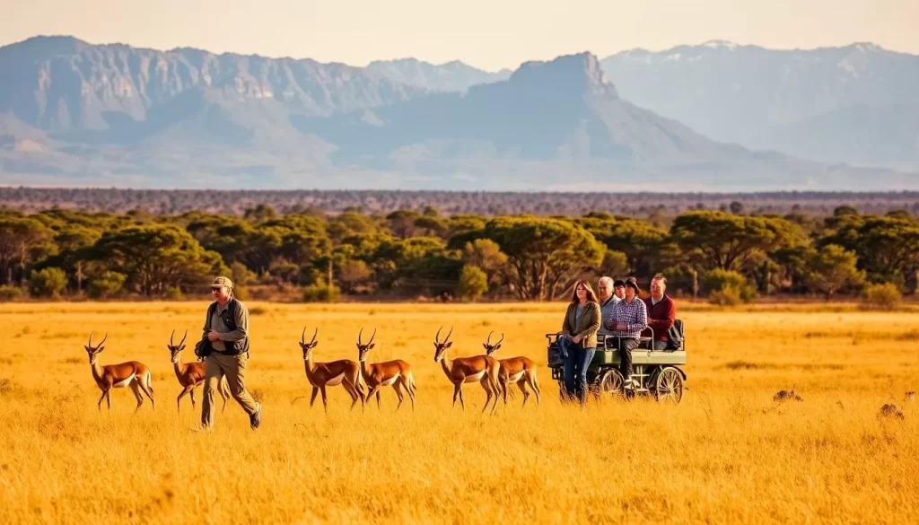 A vast, lush savanna stretches before a majestic, tree-dotted landscape, bathed in warm, golden sunlight. In the middle ground, a herd of graceful gazelles cautiously graze, their keen eyes scanning the terrain. In the foreground, a skilled safari guide leads a small group of guests on a thrilling journey, their expressions filled with wonder and anticipation. The background features towering, distant mountains, their peaks capped with a dusting of snow, creating a serene and picturesque backdrop. Capture the essence of an exciting guided safari tour within the stunning, untamed beauty of Fosse aux Lions National Park.