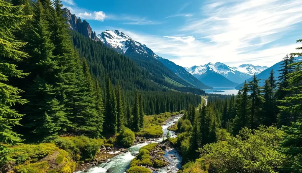 A vast, majestic landscape of verdant, old-growth forests, towering snow-capped peaks, and pristine, glacier-fed lakes. In the foreground, a crystal-clear stream winds its way through a mossy, fern-covered glen, the dappled sunlight filtering through the canopy above. In the middle ground, rugged, granite cliffs rise up, their jagged edges softened by the lush, emerald vegetation cascading down their slopes. And in the distance, the iconic, snow-dusted summits of the Olympic Mountains pierce the azure sky, their grandeur reflected in the still, mirror-like surface of a serene alpine lake. The scene is bathed in a warm, golden glow, capturing the timeless beauty and tranquility of this natural wonder.