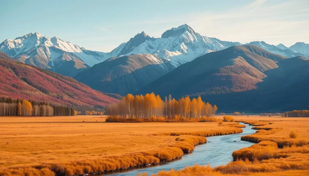 A vast mountainous landscape, its peaks capped with a dusting of autumnal hues. In the foreground, a meandering river cuts through the golden fields, the banks lined with vibrant foliage. The middle ground is dotted with clusters of birch trees, their white trunks contrasted by the warm tones of their leaves. The background is dominated by towering peaks, their rugged silhouettes casting long shadows across the scene. Soft, diffused lighting bathes the entire landscape, creating a serene and tranquil atmosphere. Capture the essence of Kazakhstan's breathtaking fall splendor in a wide-angle, cinematic perspective.