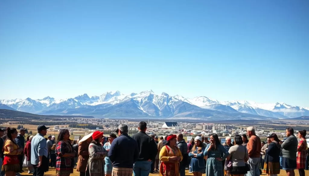 A vast, mountainous landscape under a clear, azure sky. In the foreground, a diverse array of indigenous people from various Alaska Native communities, dressed in traditional attire, engaged in lively conversation and cultural activities. In the middle ground, a bustling town with a mix of modern and traditional architecture, representing the linguistic diversity of the region. In the background, towering peaks and glaciers, symbolizing the rugged natural beauty of Alaska. Crisp, natural lighting illuminates the scene, capturing the vibrancy and unity of Alaska's linguistic heritage.