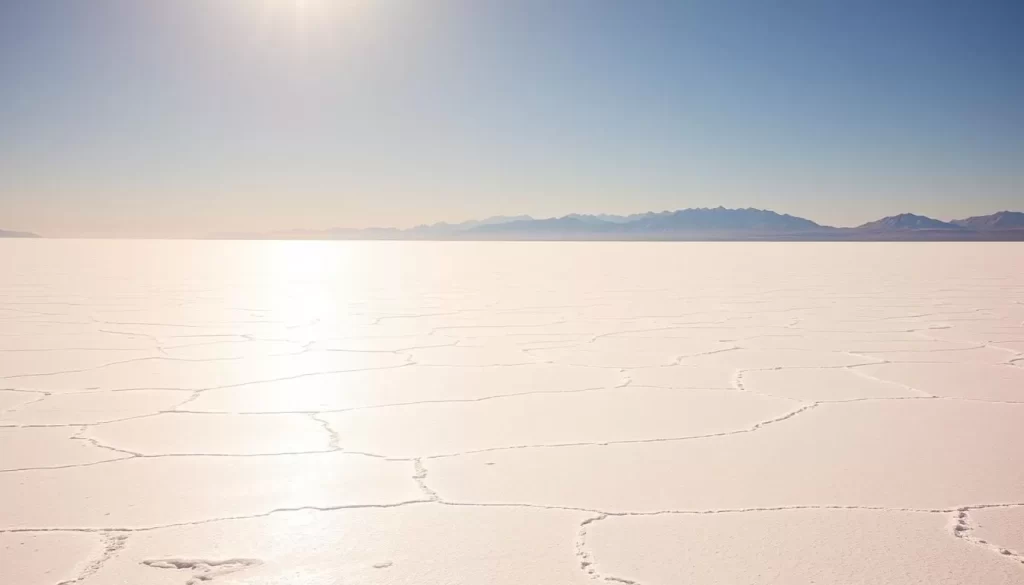 A vast, otherworldly expanse of pure white salt, the Bonneville Salt Flats stretch out to the horizon, shimmering under the warm, golden sun. In the foreground, a serene landscape of gently undulating salt formations, their geometric patterns and mirror-like surfaces reflecting the clear, cloudless sky. In the distance, the flat horizon is punctuated by the majestic silhouettes of distant mountains, their rugged peaks casting long shadows across the plain. The scene is bathed in a soft, diffused light, creating a dreamlike, almost surreal atmosphere, inviting the viewer to lose themselves in the otherworldly beauty of this natural wonder.
