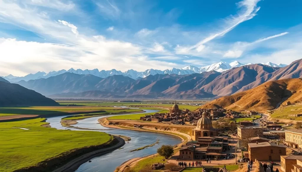 A vast, picturesque landscape of the Ladakh Valley unfolds, with striking snow-capped mountains towering in the distance. In the foreground, a winding river meanders through verdant fields, dotted with traditional mud-brick houses and prayer flags fluttering in the gentle breeze. The middle ground features a quaint village, its streets bustling with local people going about their daily lives, showcasing the region's rich cultural heritage. The sky is a brilliant blue, with wispy clouds casting soft shadows over the serene scene. Warm, golden sunlight bathes the entire tableau, creating a tranquil and inviting atmosphere that captures the essence of Ladakh's regional dialects and variations.