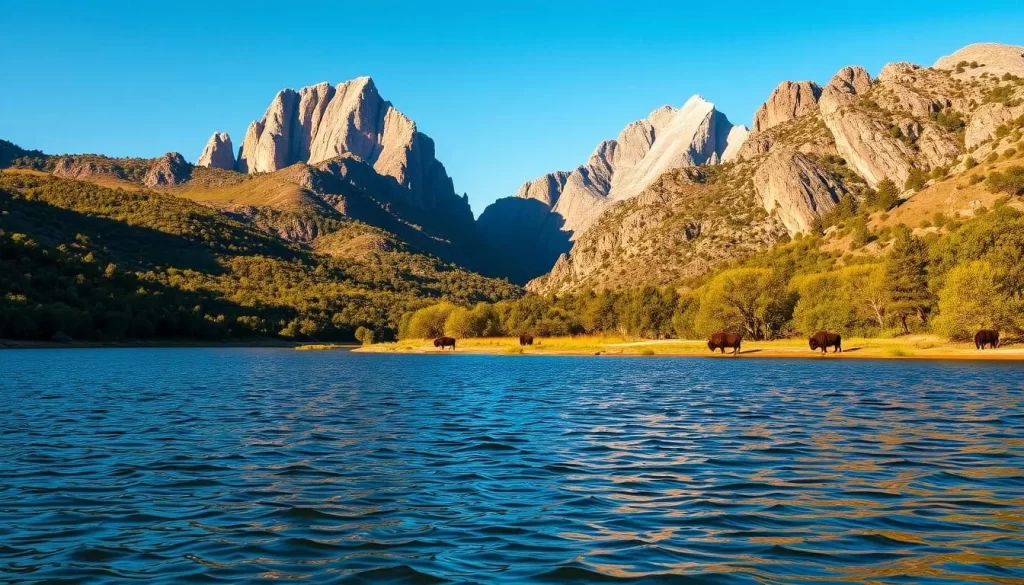 A vast, rugged landscape dominated by the iconic Wichita Mountains, where towering granite peaks pierce the azure sky. In the foreground, a tranquil lake reflects the surrounding natural beauty, its rippling waters bathed in warm, golden light. Lush, verdant foliage clings to the slopes, creating a lush, verdant tapestry that contrasts with the weathered, ancient rock formations. Majestic bison graze peacefully in the middle ground, paying homage to the untamed spirit of this hidden gem. A sense of timeless wonder and adventure pervades the scene, inviting the viewer to explore and discover the captivating wonders of the Wichita Mountains.