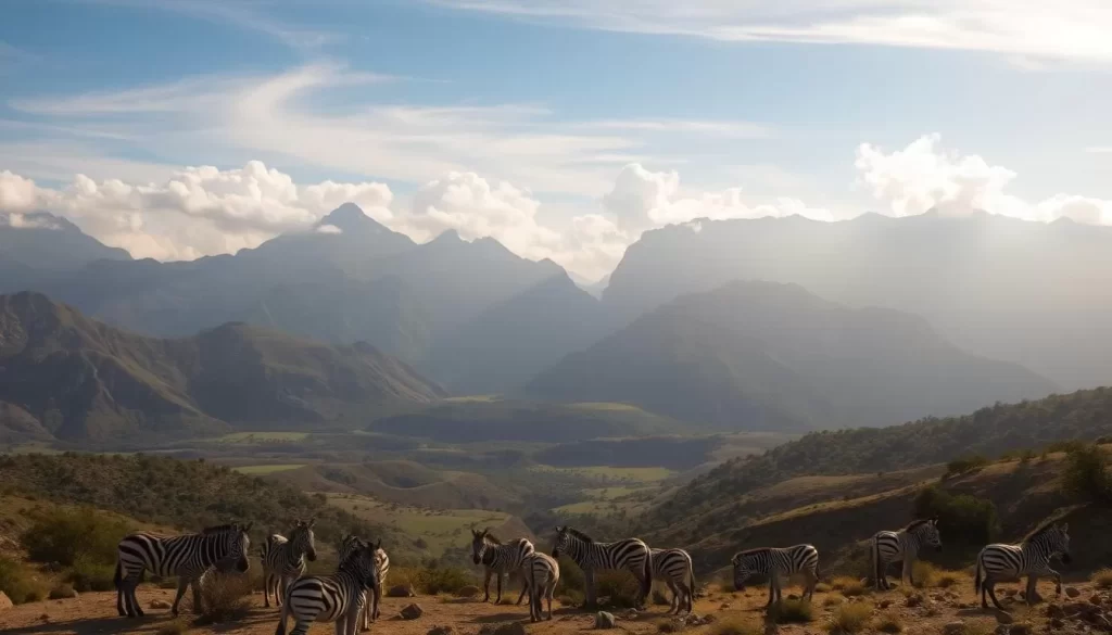 A vast, rugged landscape stretches out before the viewer, dominated by the majestic silhouettes of towering mountains. Lush, verdant valleys wind between the peaks, dotted with clusters of hardy trees and shrubs. The warm, golden light of the sun filters through wispy clouds, casting a soft, ethereal glow over the scene. In the foreground, a herd of mountain zebras graze peacefully, their distinctive black and white stripes a striking contrast against the earthy tones of the terrain. The overall atmosphere is one of tranquility and natural wonder, inviting the viewer to immerse themselves in the breathtaking beauty of Mountain Zebra National Park.