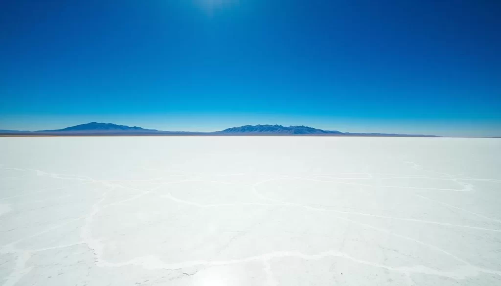 A vast, serene expanse of pristine white salt, stretching out to the horizon under a brilliant azure sky. In the foreground, the smooth, undulating surface reflects the warm, golden sunlight, creating a mesmerizing mirror-like effect. In the middle distance, low-lying mountains rise up, their rugged peaks casting soft shadows across the salt pan. The atmosphere is one of tranquility and stillness, the only movement a gentle breeze ruffling the surface of the salt. Captured with a wide-angle lens, this landscape conveys the sheer scale and grandeur of the Bonneville Salt Flats, a natural wonder nestled in the heart of Utah.