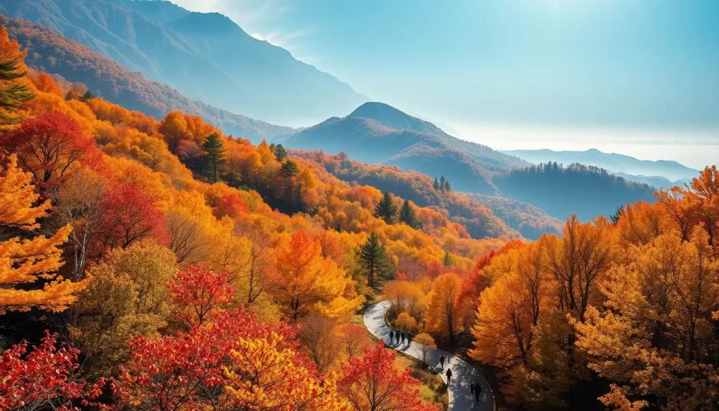 A vast, sun-dappled forest in the heart of North Chungcheong Province, South Korea, during the golden autumn season. Vibrant trees in shades of red, orange, and yellow line the winding hiking trail, inviting visitors to immerse themselves in the natural splendor. Soft rays of light filter through the canopy, casting a warm glow over the scene. In the distance, a picturesque mountain peak rises, its silhouette framed by the brilliant foliage. Hikers traverse the path, taking in the breathtaking vistas and serene atmosphere of this quintessential autumn hiking destination.