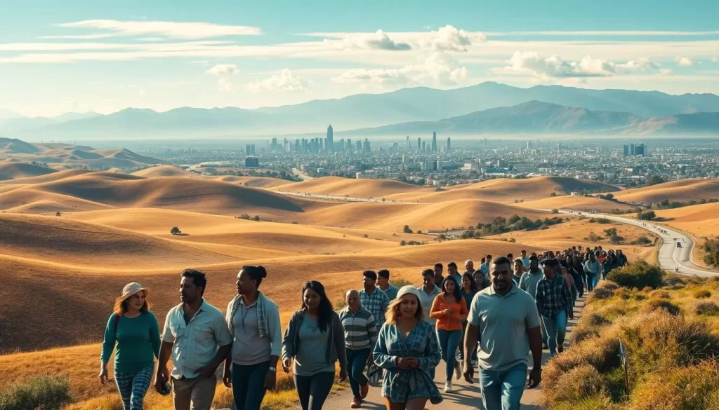 A vast, sun-dappled landscape, rolling hills and winding roads. In the foreground, a diverse group of people, their faces alight with hope and determination, walking together towards a new horizon. In the middle ground, a bustling city skyline, a tapestry of cultures and languages. The background is framed by towering mountains, their peaks touched by wispy clouds. Soft, diffused lighting bathes the scene in a warm, inviting glow, creating a sense of possibility and opportunity. This is a story of migration, of communities coming together, forging a new path in a land of promise.