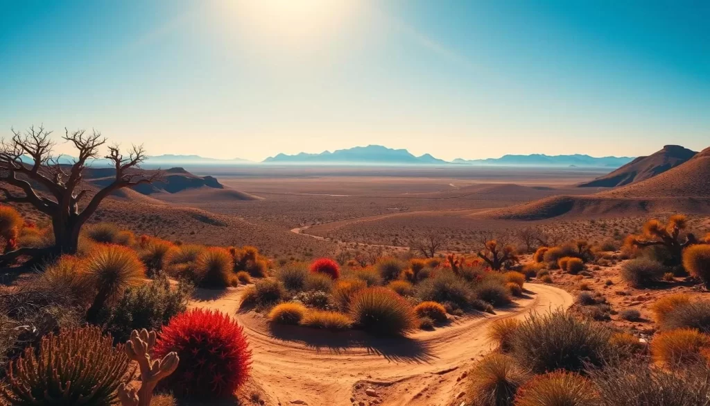 A vast, sun-dappled landscape unfolds beneath a cloudless azure sky. In the foreground, a winding dirt path meanders through a tapestry of desert flora - fiery-hued succulents, hardy shrubs, and ancient, twisted trees. The midground reveals a series of undulating hills, their slopes painted in hues of ochre, sienna, and burnt umber. Distant mountains rise majestically, their jagged peaks silhouetted against the horizon. The warm, diffused light bathes the scene in a soft, golden glow, capturing the rugged yet serene essence of Namaqua National Park.