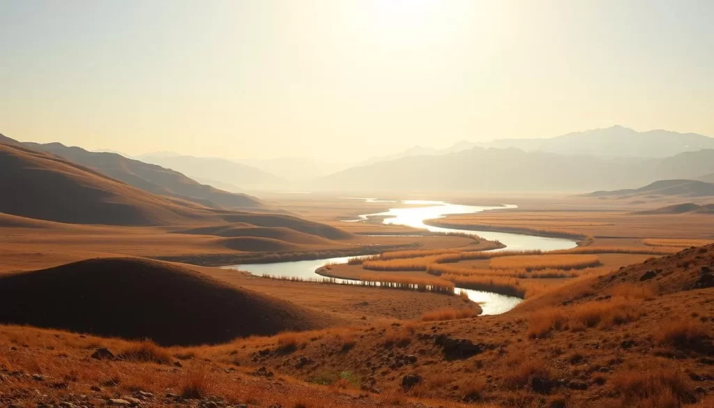 A vast, sun-drenched landscape of the Southern Kazakhstan region unfolds before the viewer. In the foreground, rolling hills and rugged terrain are dotted with sparse vegetation, while in the middle ground, a tranquil river winds its way through the landscape, its banks lined with tall reeds and grasses. In the distance, majestic mountains rise up, their peaks capped with snow, creating a breathtaking backdrop. The warm, golden light of the sun casts a soft, glowing hue over the entire scene, evoking a sense of serenity and natural beauty. The composition is balanced and harmonious, capturing the essence of this picturesque region of Kazakhstan.