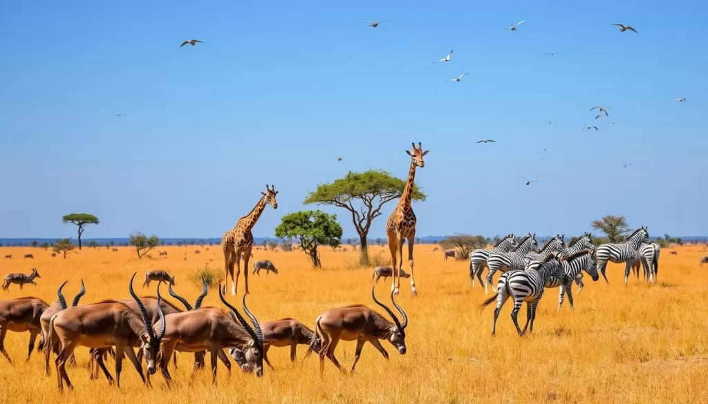 A vast, sun-drenched savanna in Mokala National Park, South Africa. In the foreground, a herd of majestic kudus grazes peacefully, their spiral horns glinting in the warm light. A pair of stately giraffes tower in the middle distance, their long necks swaying as they pluck leaves from the acacia trees. In the background, a group of zebras stand alert, their distinctive black-and-white stripes creating a captivating pattern against the golden grass. The clear blue sky overhead is dotted with circling birds of prey, completing the idyllic wildlife viewing scene. Capture the essence of this remarkable African ecosystem in a stunning, photorealistic image.