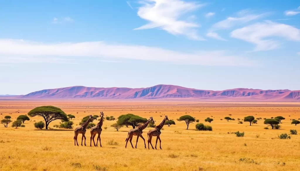A vast, sun-drenched savanna stretches before the viewer, with the iconic red dunes of the Kgalagadi Transfrontier Park in the distance. In the foreground, a herd of majestic giraffes grazes peacefully, their long necks swaying gently in the warm breeze. Scattered acacia trees dot the landscape, casting soft shadows on the golden grass below. The cloudless sky overhead is a brilliant blue, with a few wispy cirrus clouds drifting lazily. The scene conveys a sense of tranquility and harmony, inviting the viewer to immerse themselves in the untamed beauty of this remarkable natural wonder.