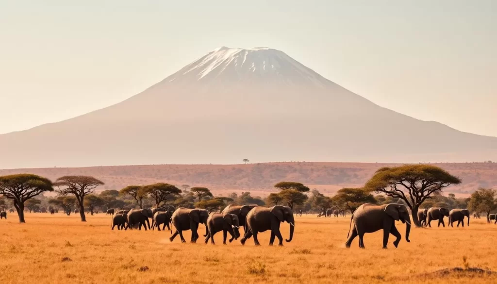 A vast, sun-drenched savanna stretches out before you, dotted with majestic acacia trees casting long shadows. In the middle ground, a herd of elephants gracefully ambles across the golden grasslands, their trunks swaying gently. Towering behind them, the iconic snow-capped peak of Mount Kilimanjaro rises majestically, its rugged slopes bathed in warm, golden light. The scene exudes a sense of tranquility and timelessness, inviting you to immerse yourself in the natural wonder of Amboseli National Park.