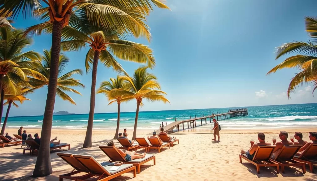 A vast, sun-drenched shore stretches along the Indian Ocean, white sand and azure waves meeting under a cloudless sky. Tall palm trees sway gently in the warm breeze, providing natural shade and a sense of tranquility. In the foreground, beachgoers relax on stylish lounge chairs, sipping tropical drinks and taking in the scenic splendor. Gleaming wooden piers extend into the distance, inviting visitors to explore the coastline. The scene is captured with a wide-angle lens, showcasing the breathtaking scale and beauty of Mombasa's renowned beaches.