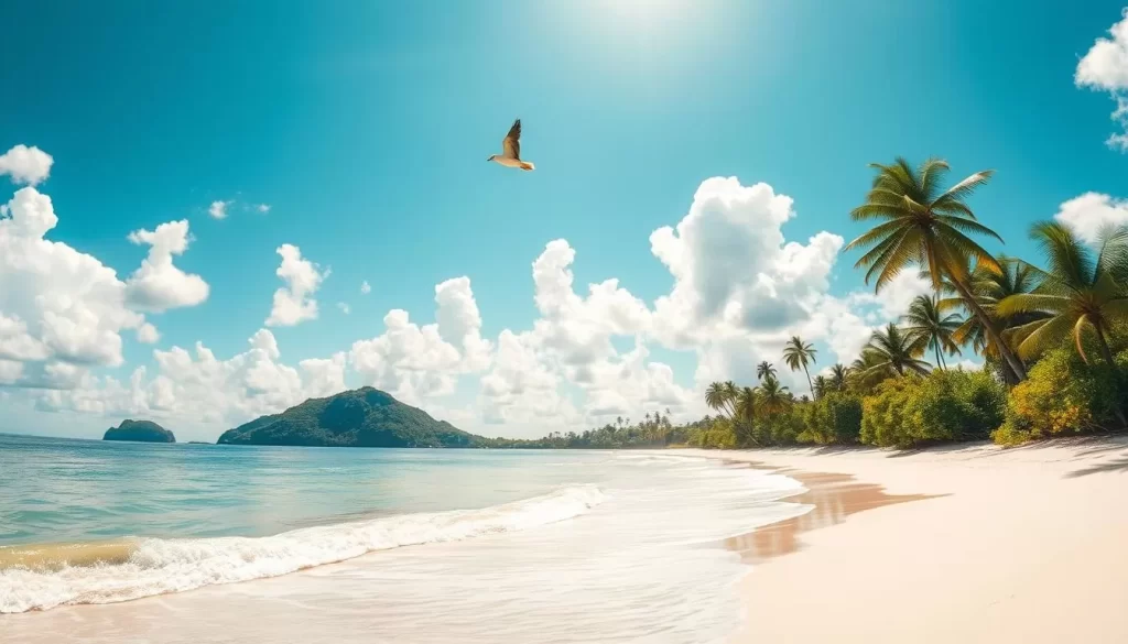 A vast, sun-drenched tropical island, its lush green interior fading into a pristine white sand beach. Gentle waves lap at the shore, under a brilliant azure sky dotted with fluffy white clouds. In the distance, palm trees sway in a gentle breeze, casting long shadows across the sand. The warm, humid air carries the scent of exotic flora, creating a tranquil, idyllic atmosphere. A lone seabird soars overhead, its graceful flight capturing the essence of this island paradise. The scene is bathed in the warm glow of the midday sun, creating a sense of timeless, natural beauty.