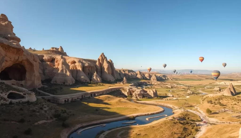 A vast, sun-drenched valley in Cappadocia, Turkey, filled with ethereal rock formations and whimsical cave dwellings. Rugged, ochre-hued cliffs rise up from the lush green meadows, their surfaces sculpted by centuries of wind and weather. Meandering streams and crystal-clear pools reflect the dramatic landscape, while the warm, golden light bathes the scene in a serene, dreamlike quality. In the distance, hot air balloons drift silently across the azure sky, adding a touch of tranquil wonder to this captivating, otherworldly vista.